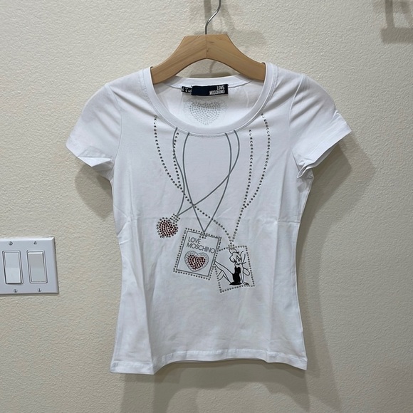 Love Moschino White Sparkles Tee Shirt—Hearts & Fairy—Beautiful! New W/O Tags-4